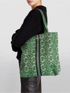 Harrods Shoreditch Flat Tote Bag Green Gold Jacquard Durable Cotton Blend